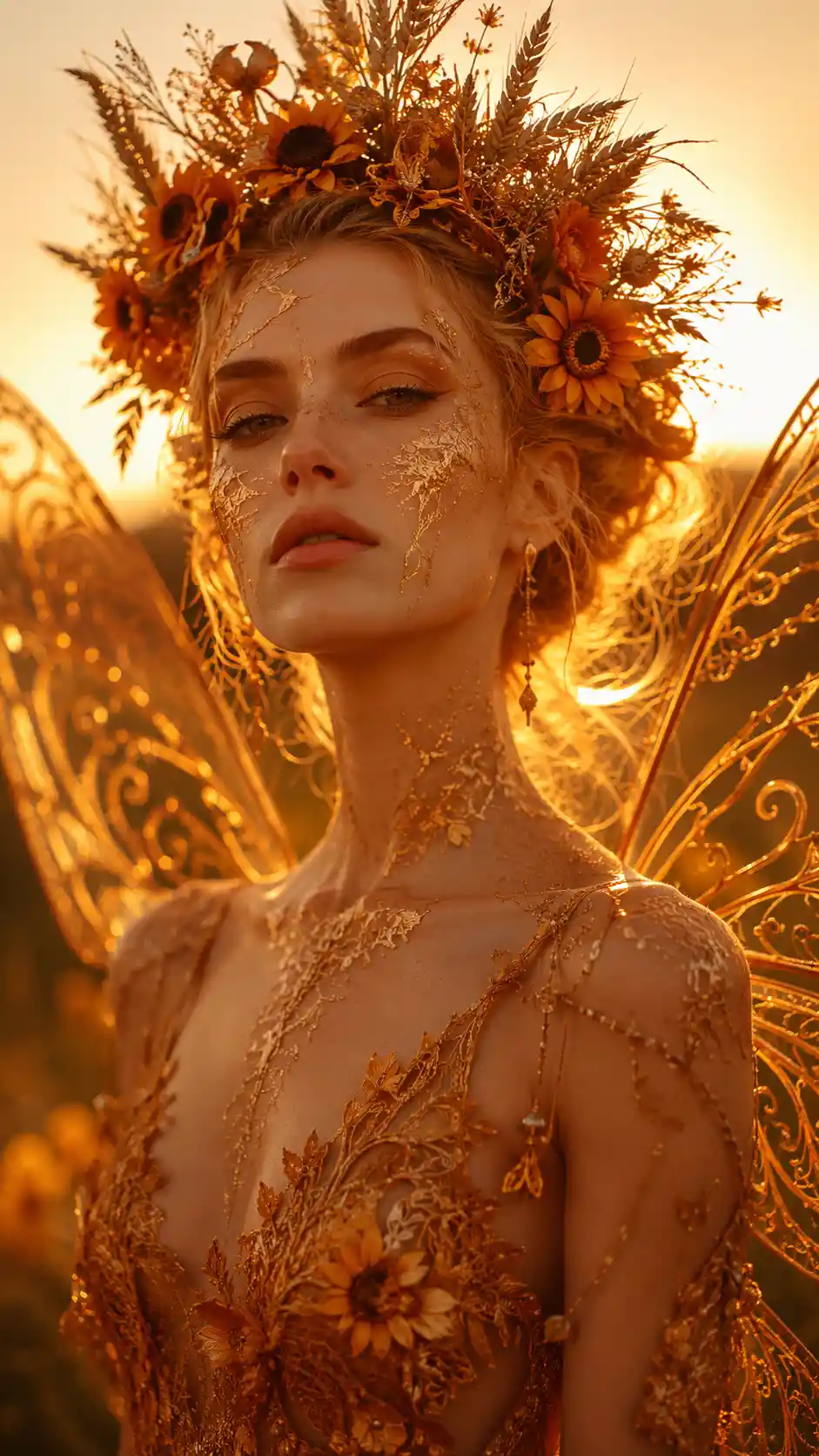 Celestial sun fairy in golden hour fashion portrait
