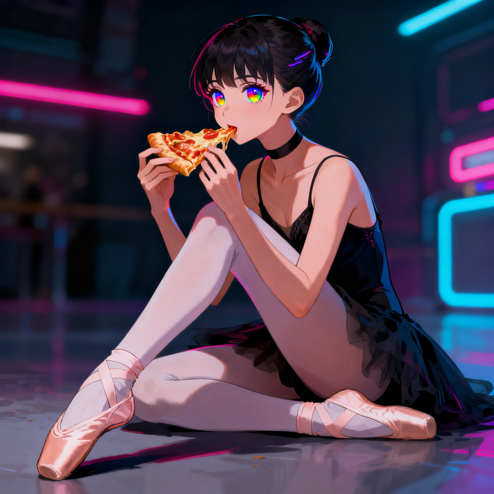 Ballerina on pointe calmly enjoying a slice of pizza