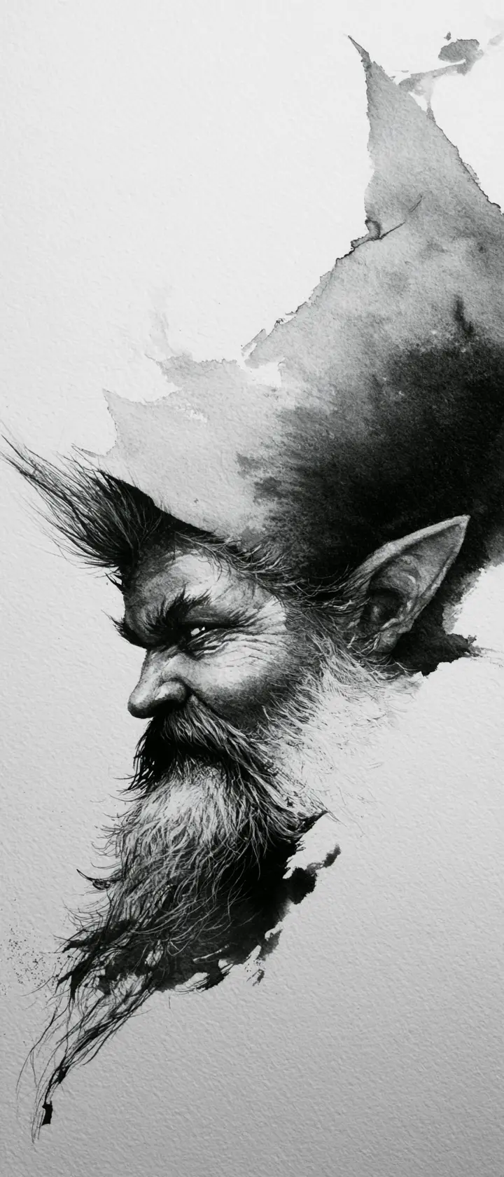 Ink wash profile portrait of a mischievous fantasy gnome