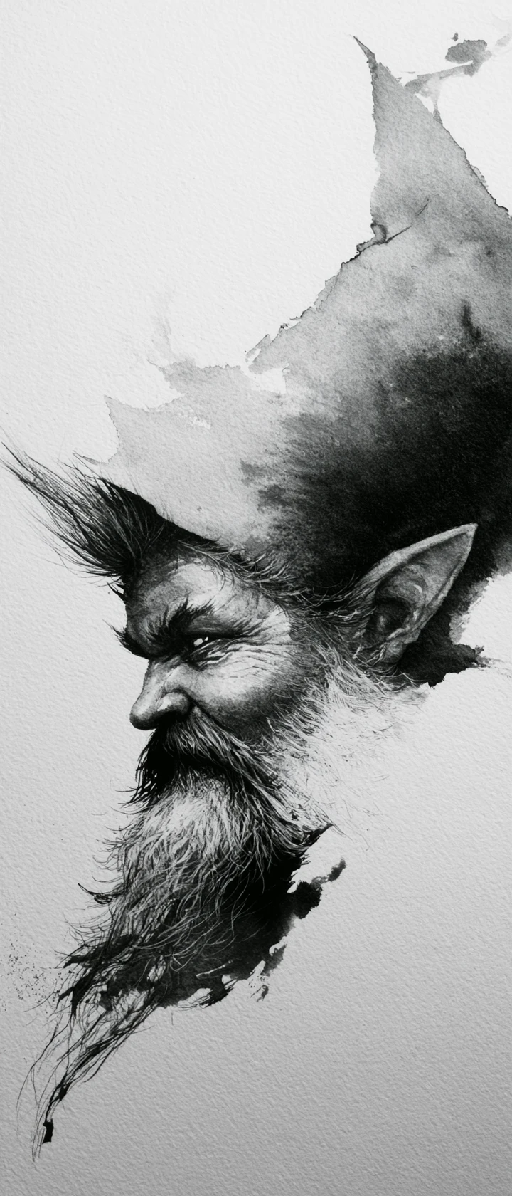 Ink wash profile portrait of a mischievous fantasy gnome