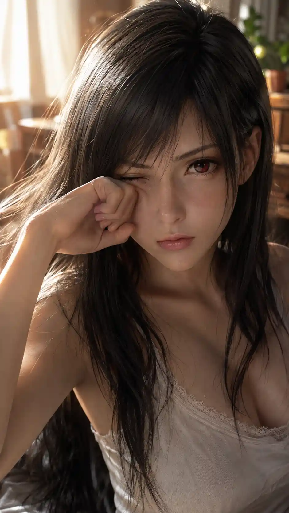 Sleepy woman winking in warm sunlit bedroom close up