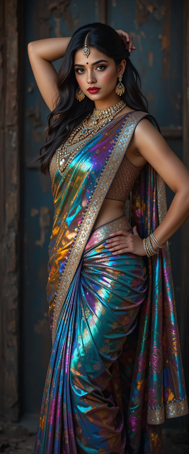 Tamil woman in glossy mirror saree bending forward