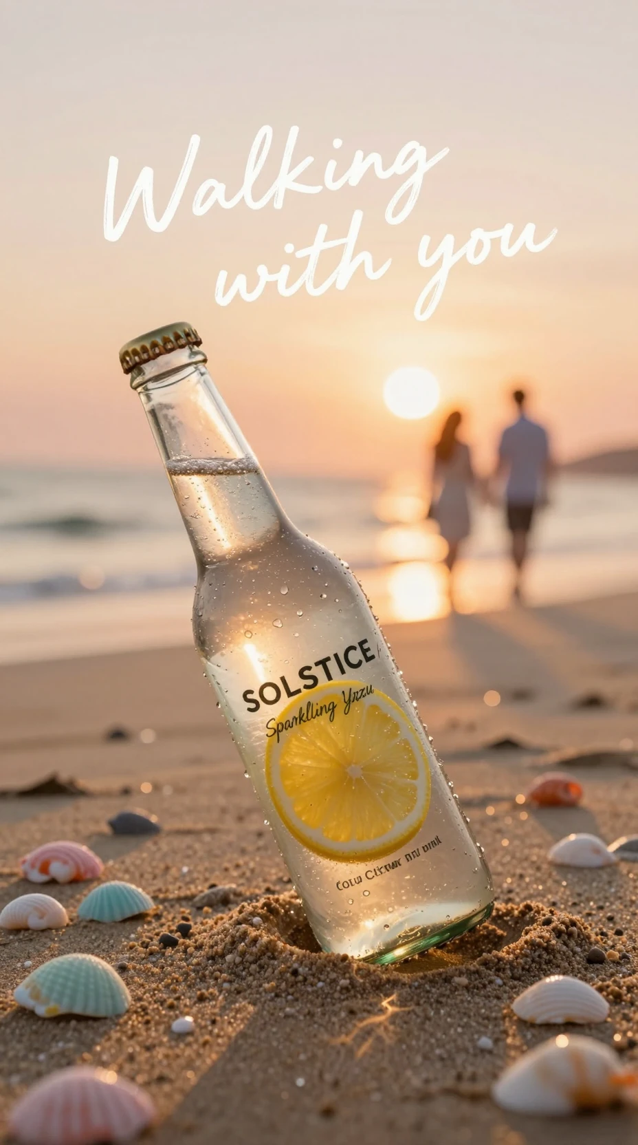 Sparkling drink bottle on golden beach at sunset