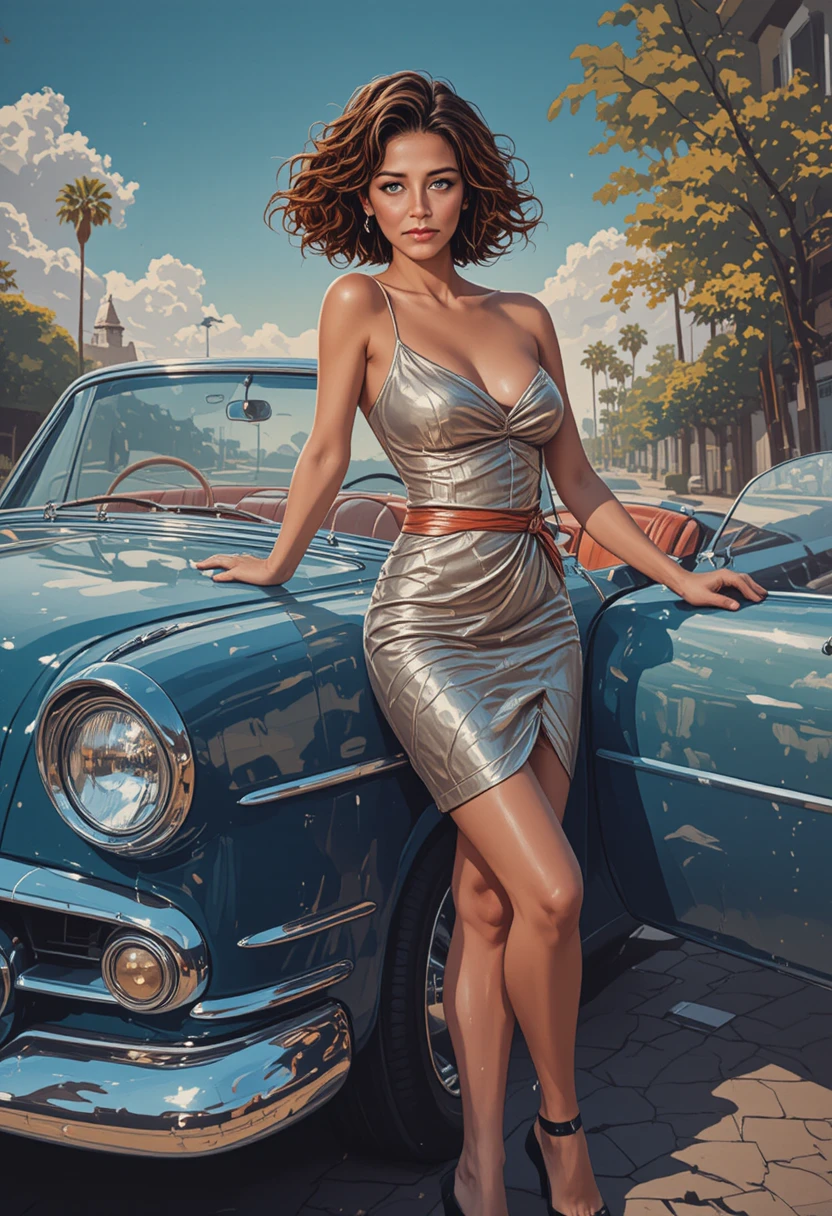 1950s pin up woman by a shiny classic convertible car