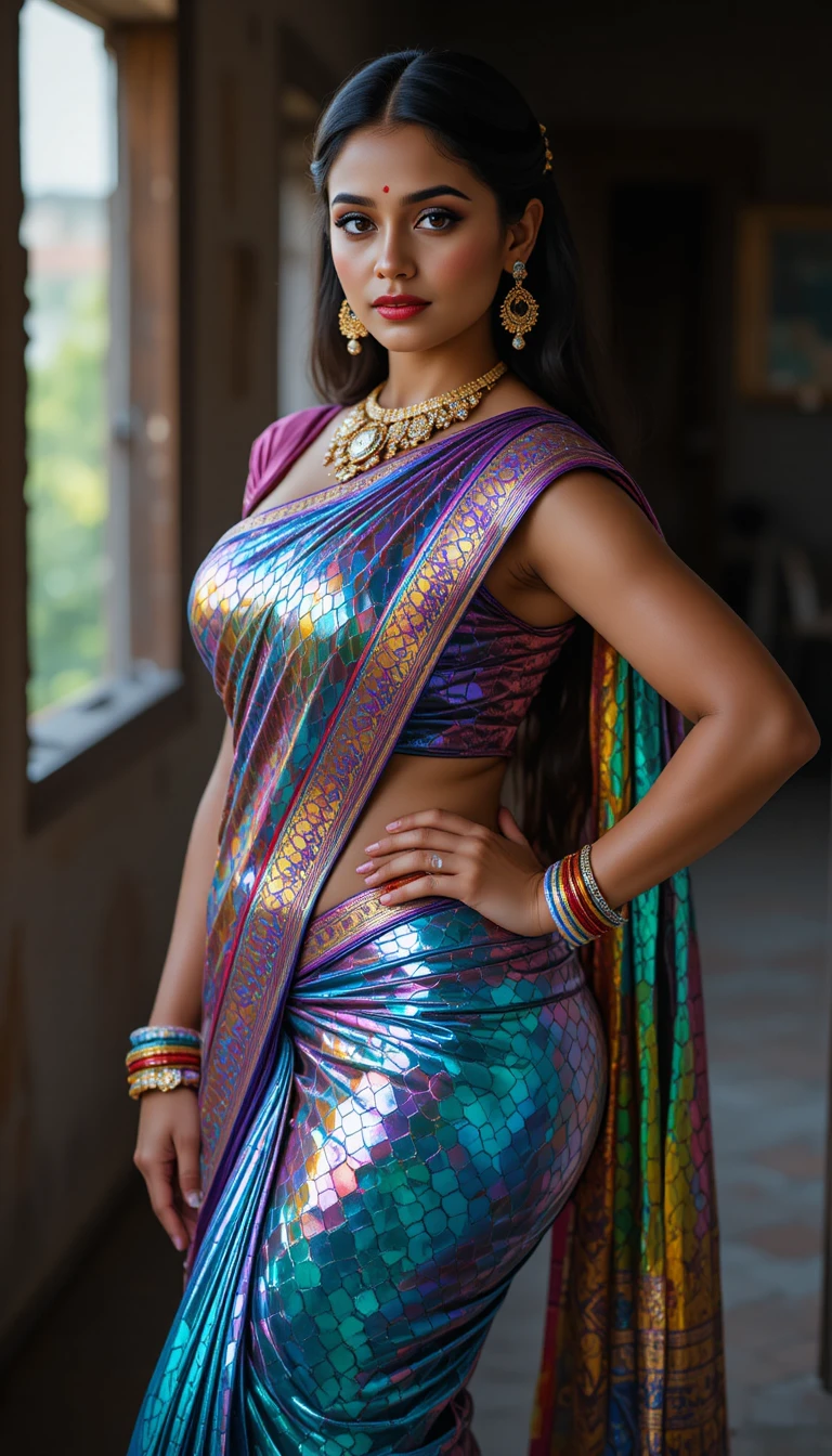 Tamil woman in glossy mirror saree bending forward