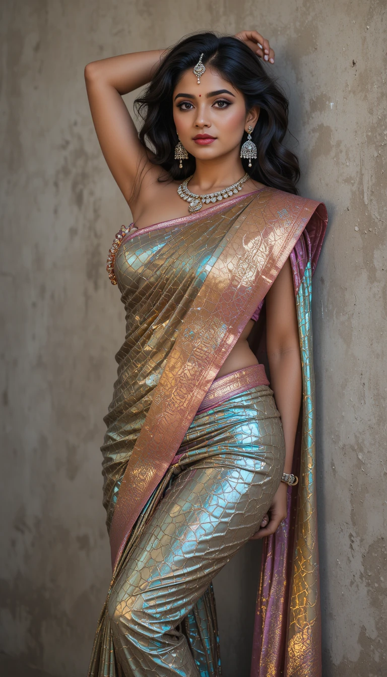 Tamil woman in glossy saree posing with hand behind head