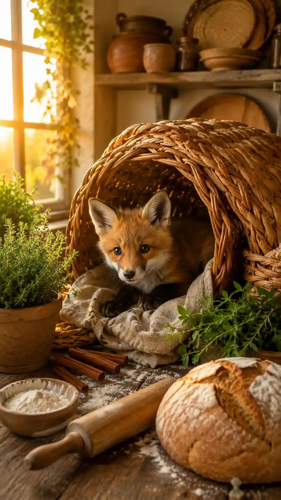 Young fox in a bread basket in a warm kitchen