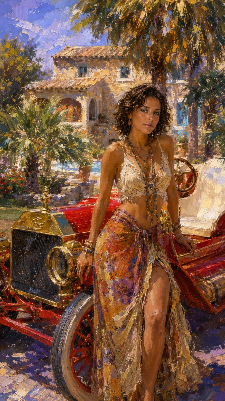 Young hippie girl posing by a car in sunlight