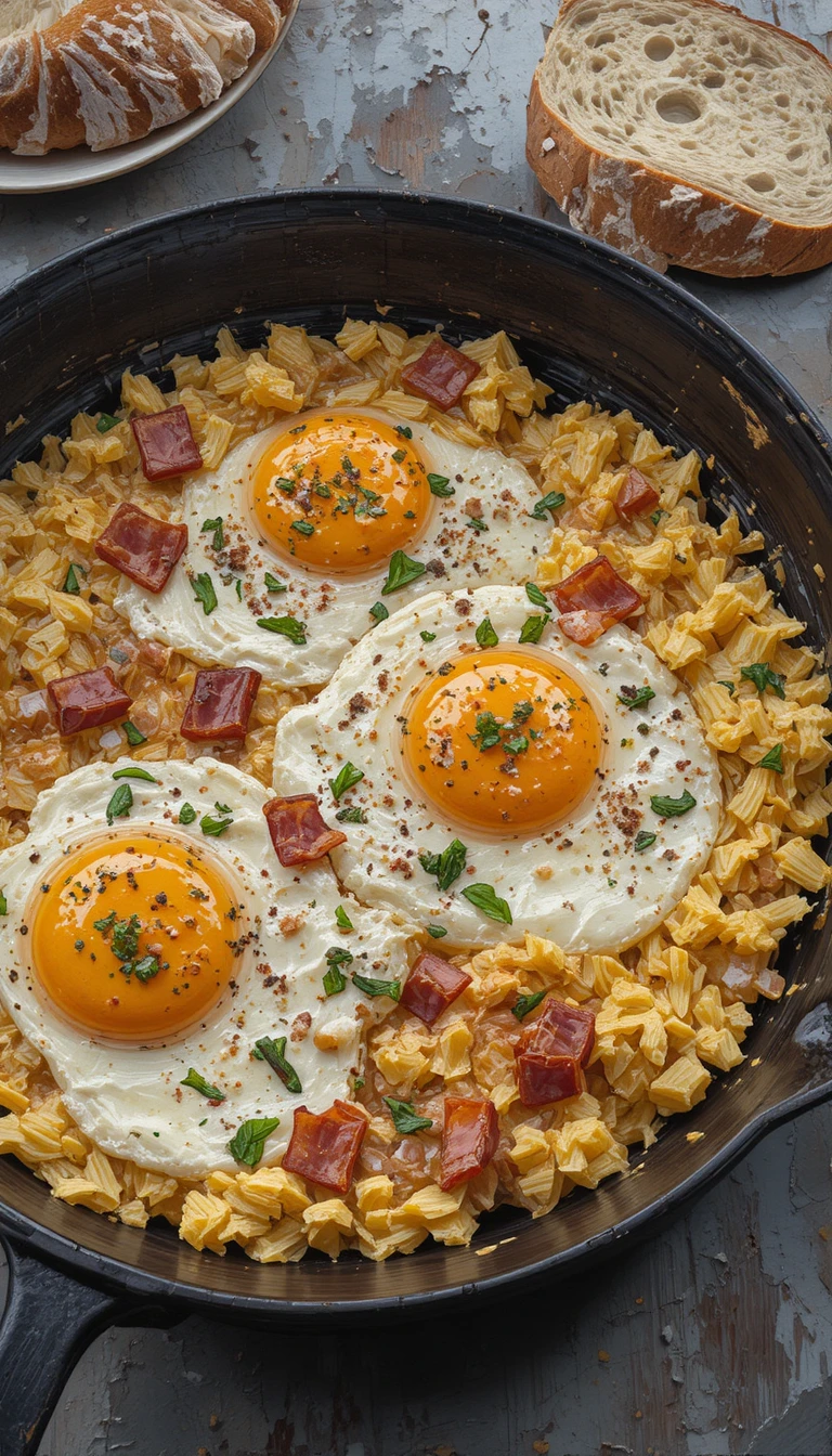 Impasto painting of scrambled eggs and bacon in skillet