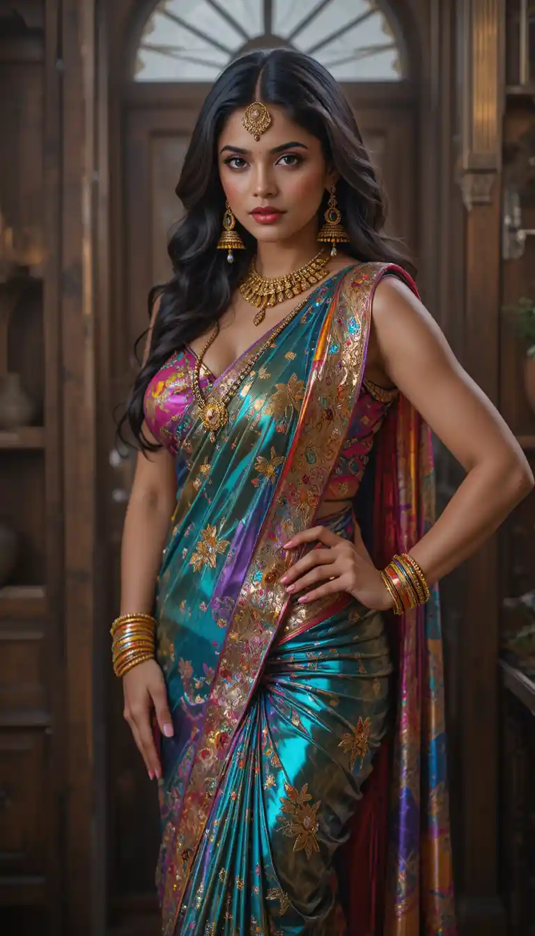 Tamil woman in glossy mirror saree with full body pose