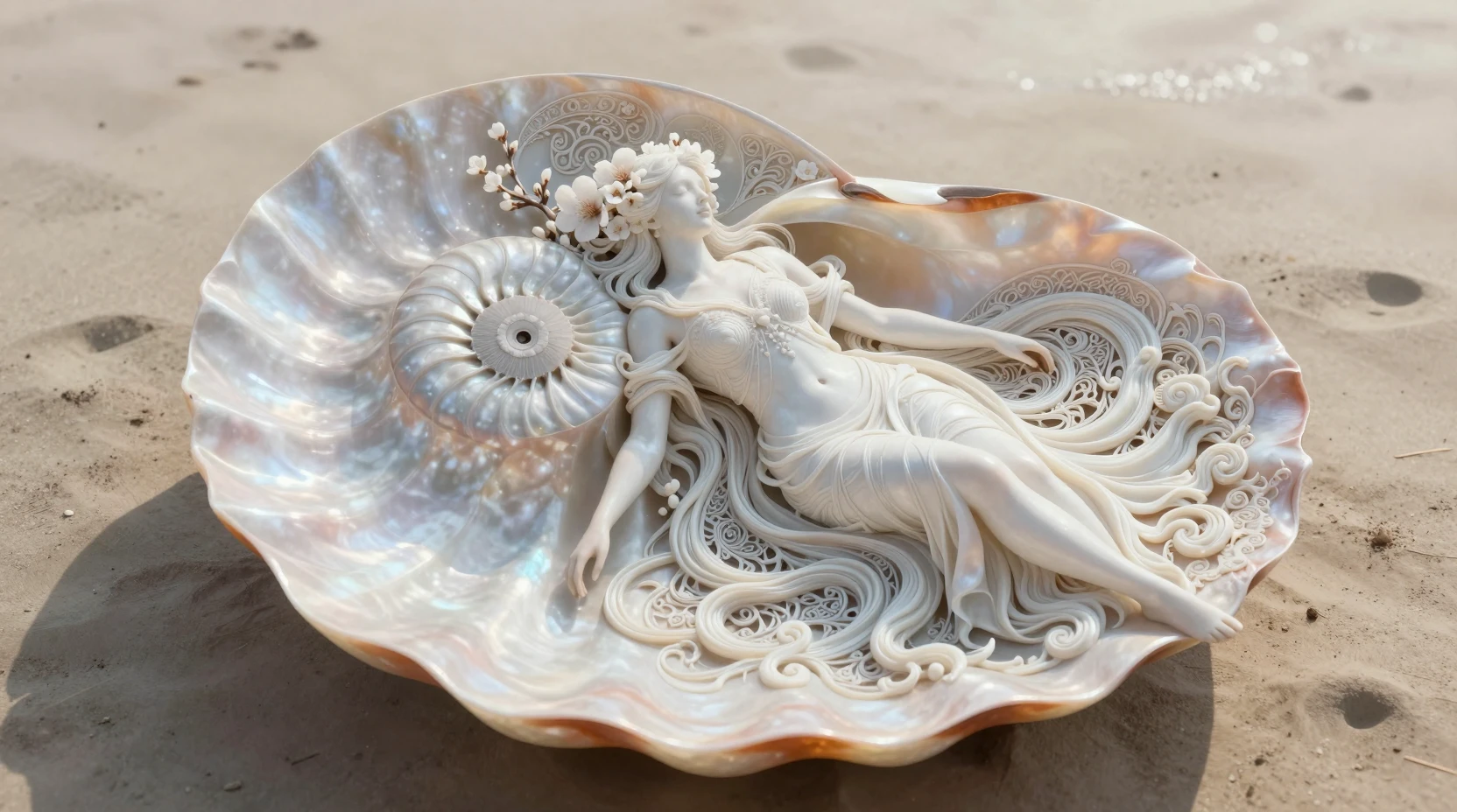 Intricate Carved Shell Portrait On A Sunlit Sandy Beach