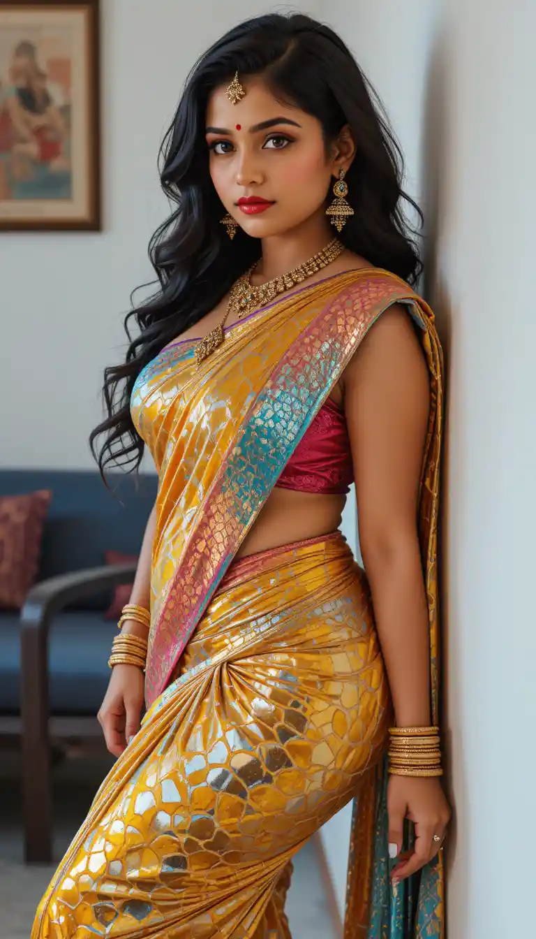 Indian woman in reflective saree posing indoors