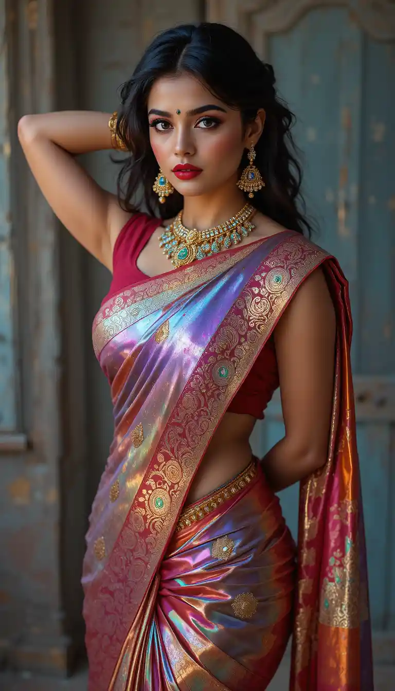 Indian woman in glossy mirror saree bending in full body pose