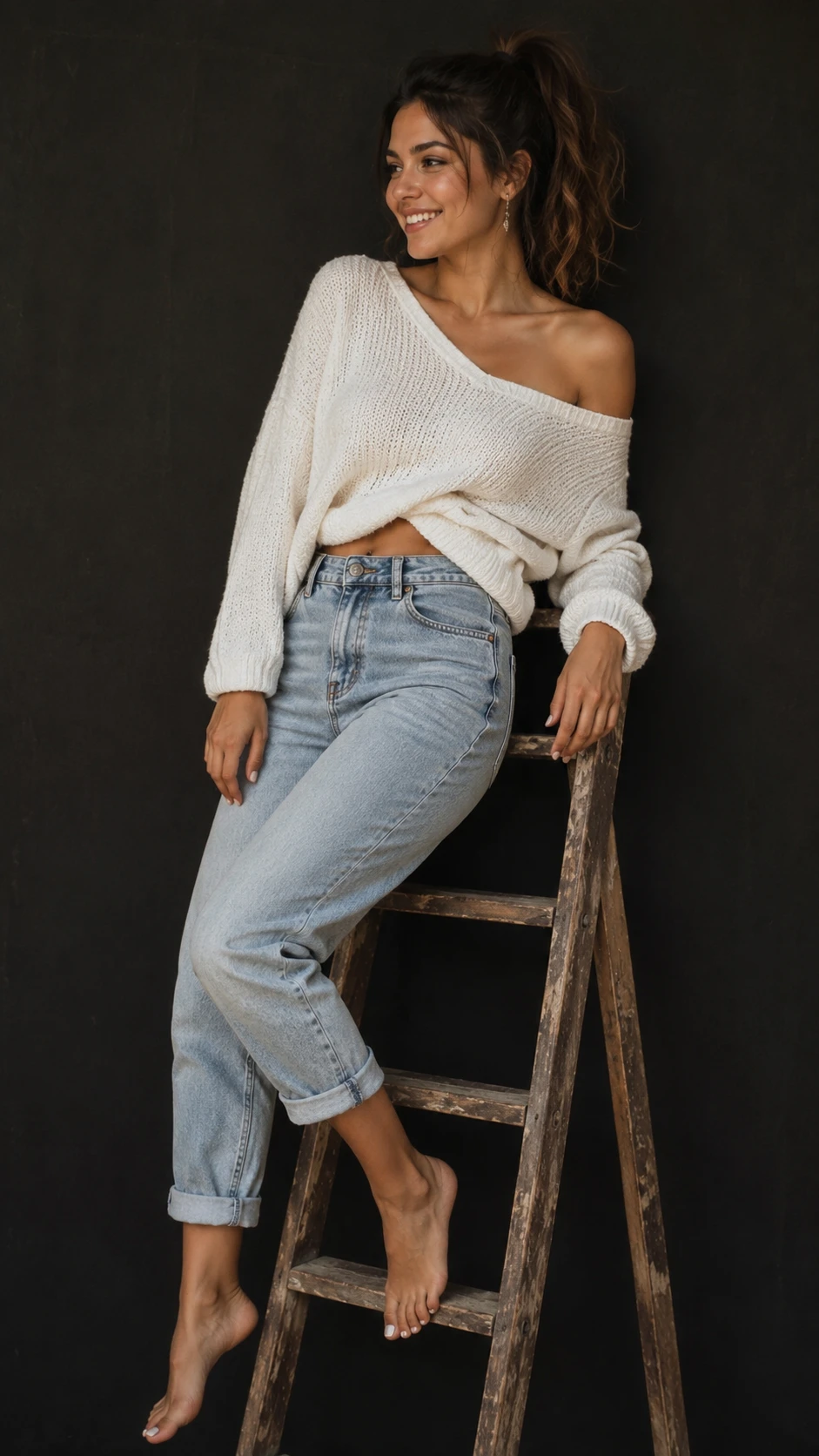 Slim woman on wooden ladder against dark studio background