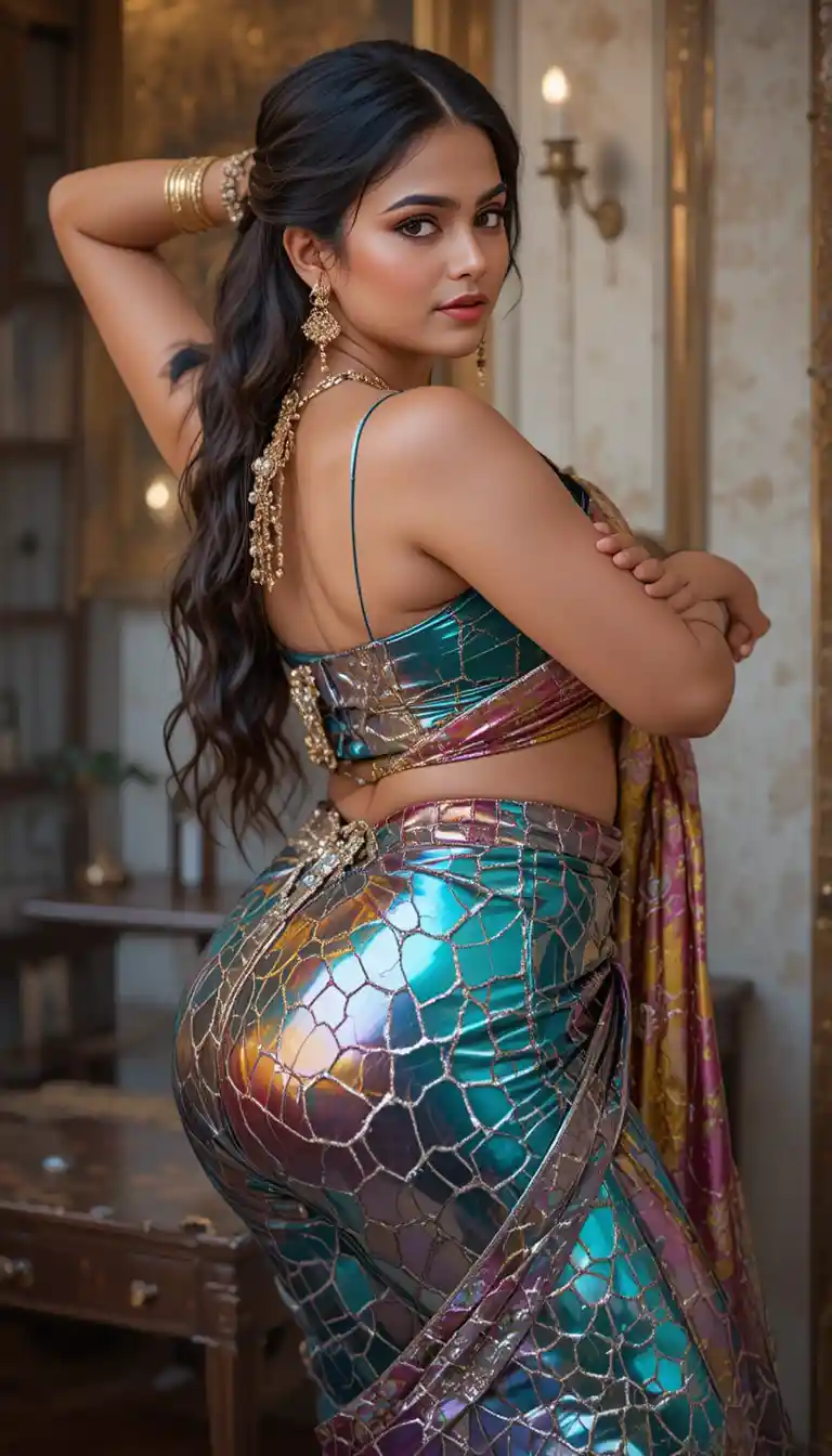 Tamil woman in glossy mirror saree bending at the waist