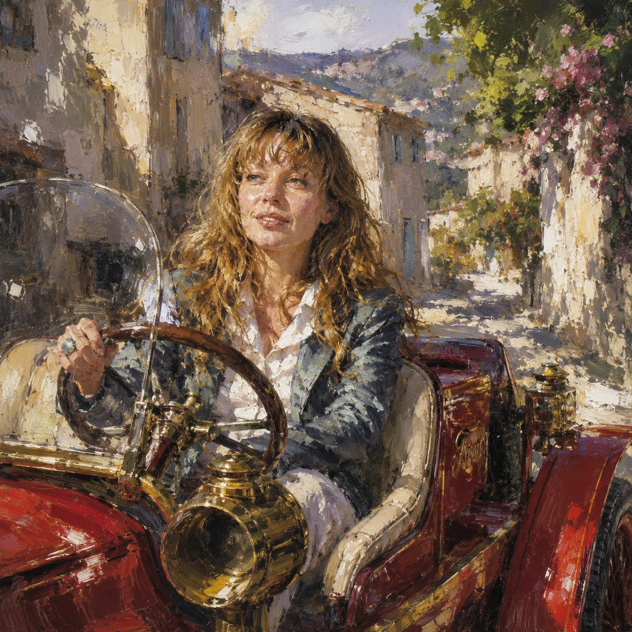 Smiling young woman driving through a sunny village street