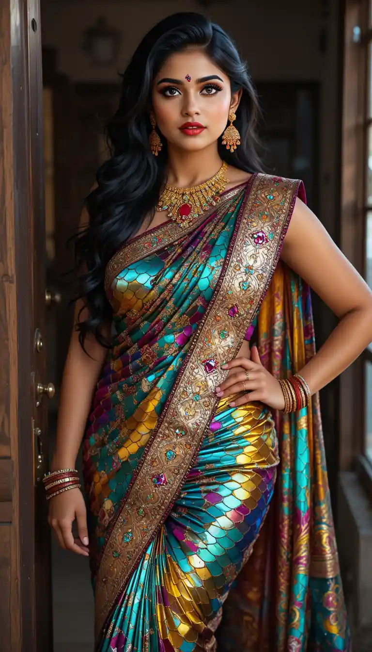 Indian woman in glossy mirror saree bending in full view