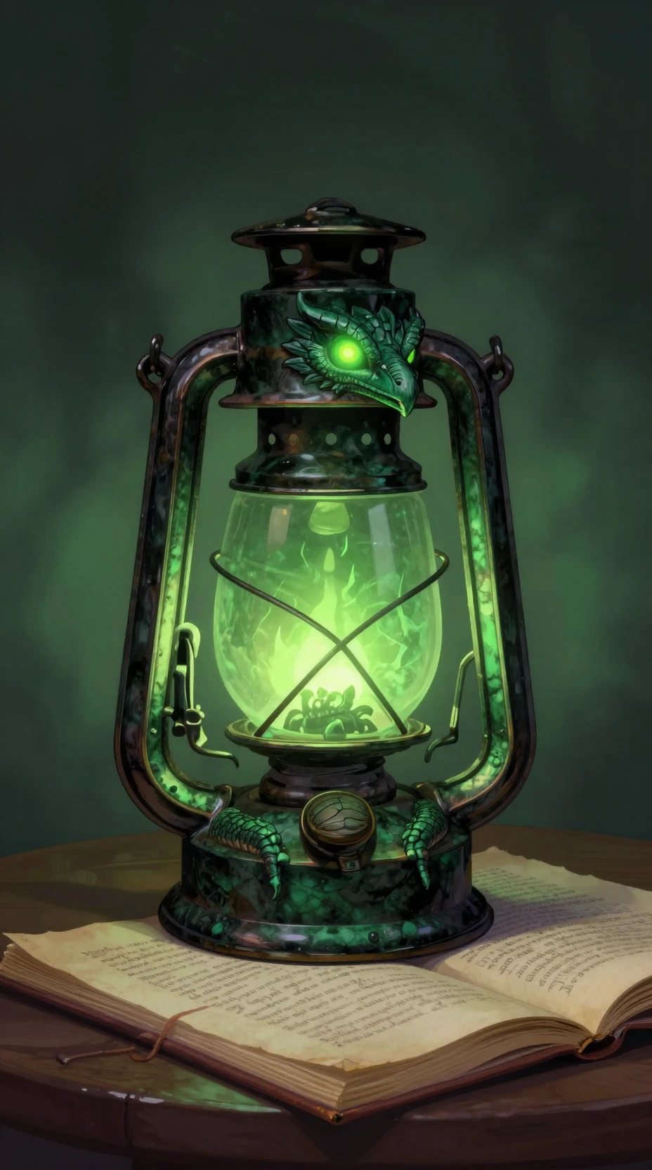 Ominous Green Lantern With Basilisk Motif On Grimoire