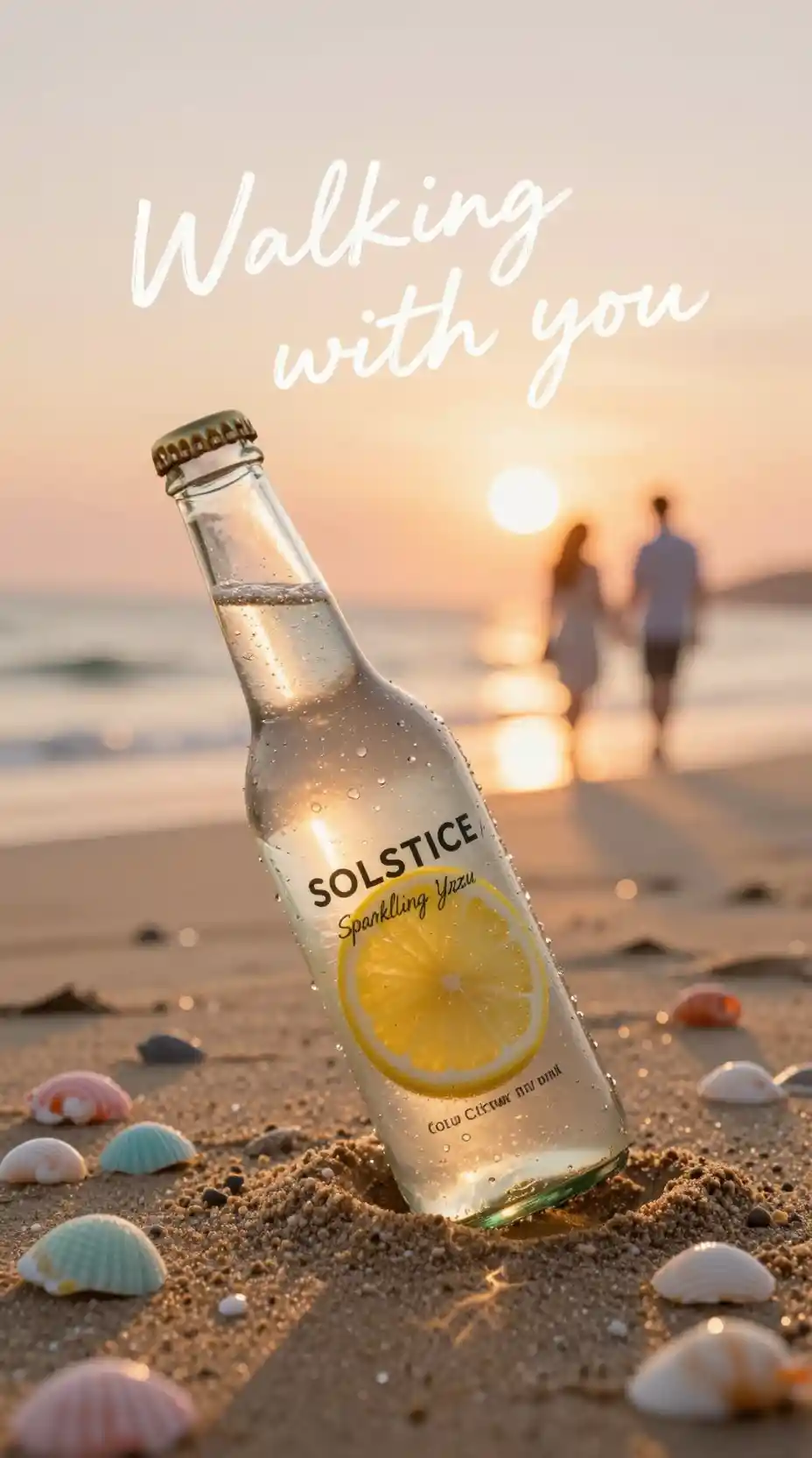 Sparkling drink bottle on golden beach at sunset