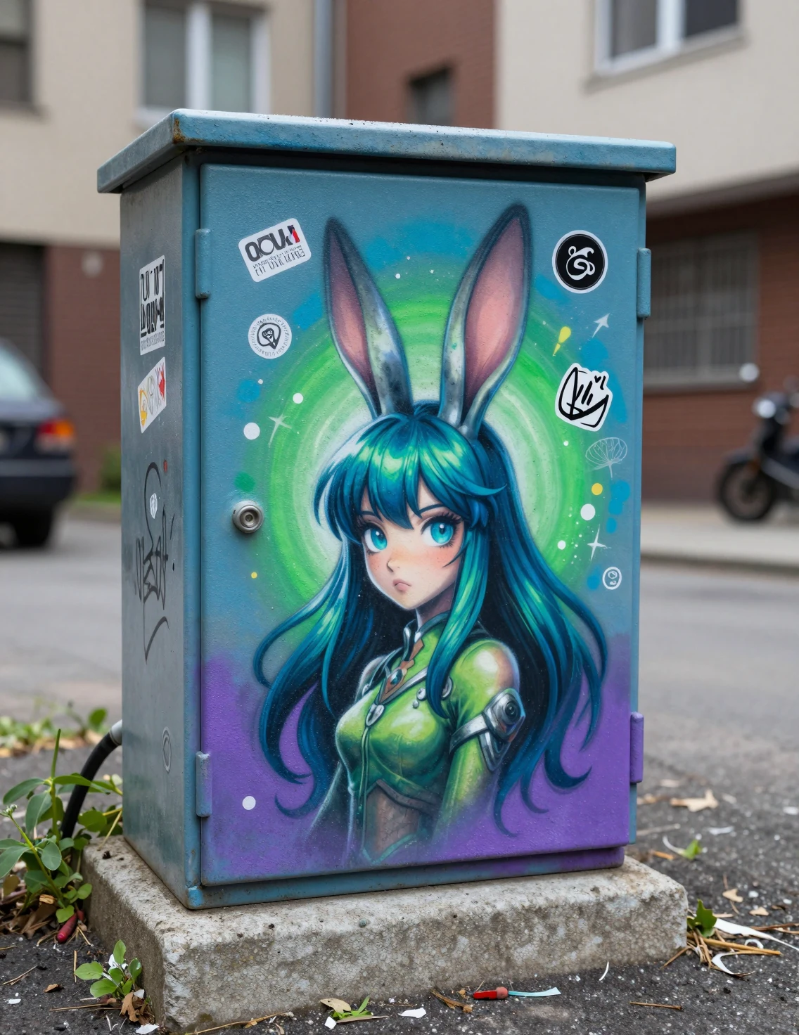 Fantasy rabbit girl mural on an old city transformer box