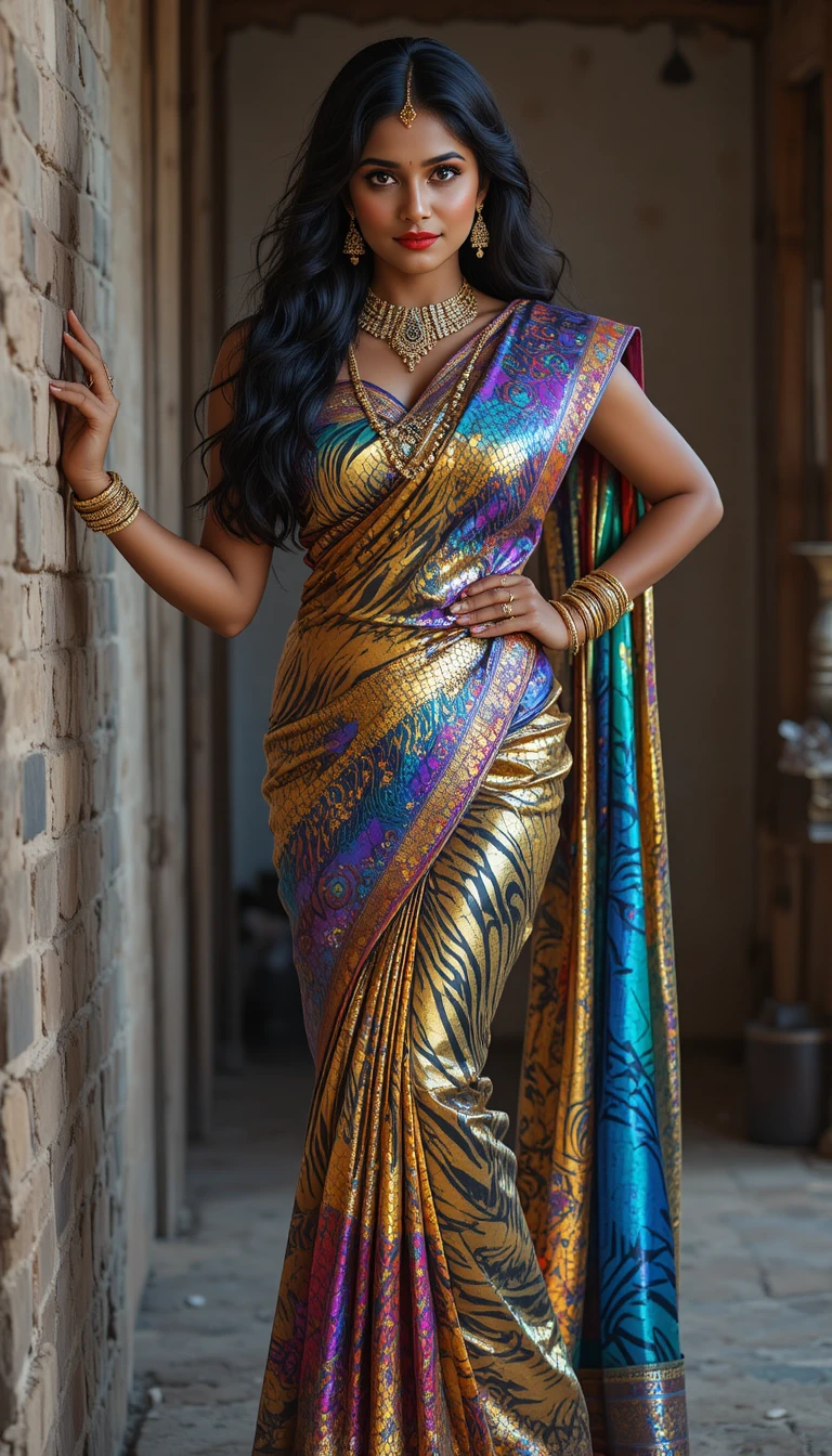 Tamil woman in reflective zebra saree leaning indoors
