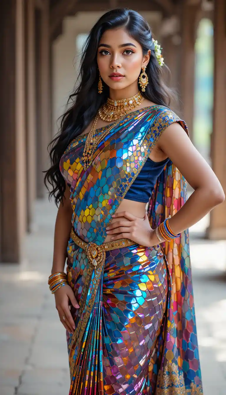 Tamil woman in glossy mirror saree full body pose