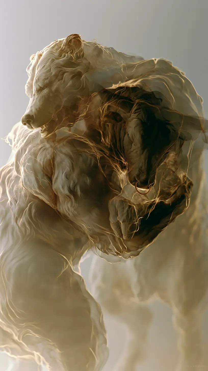 Anthropomorphic bear and bull entwined in double exposure