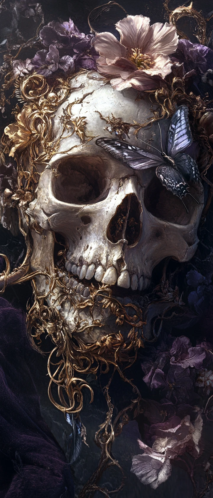 Decaying skull with wilting floral motifs on velvet cushion