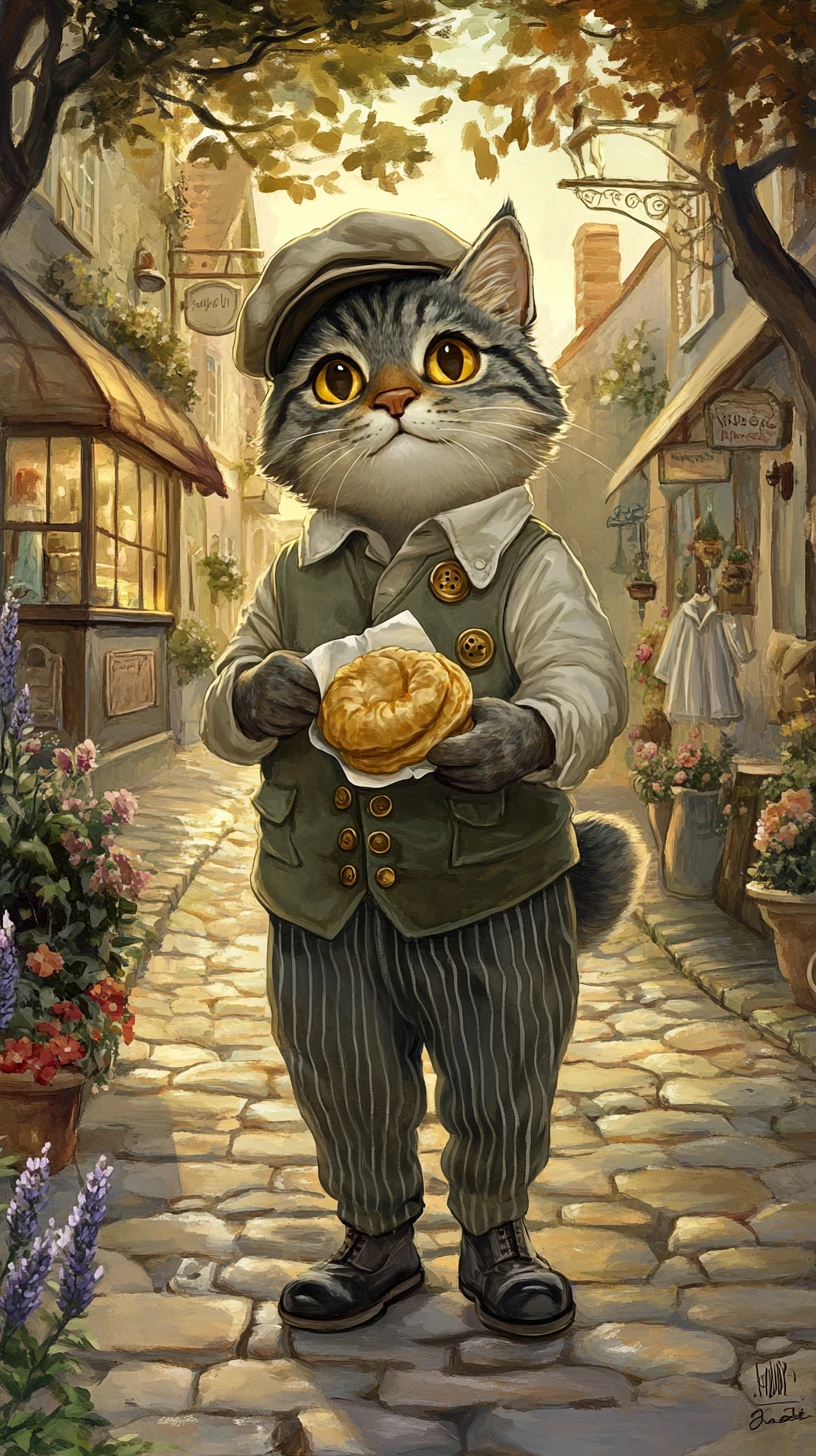 Plump Tabby Cat In Cap On Sunlit Village Lane