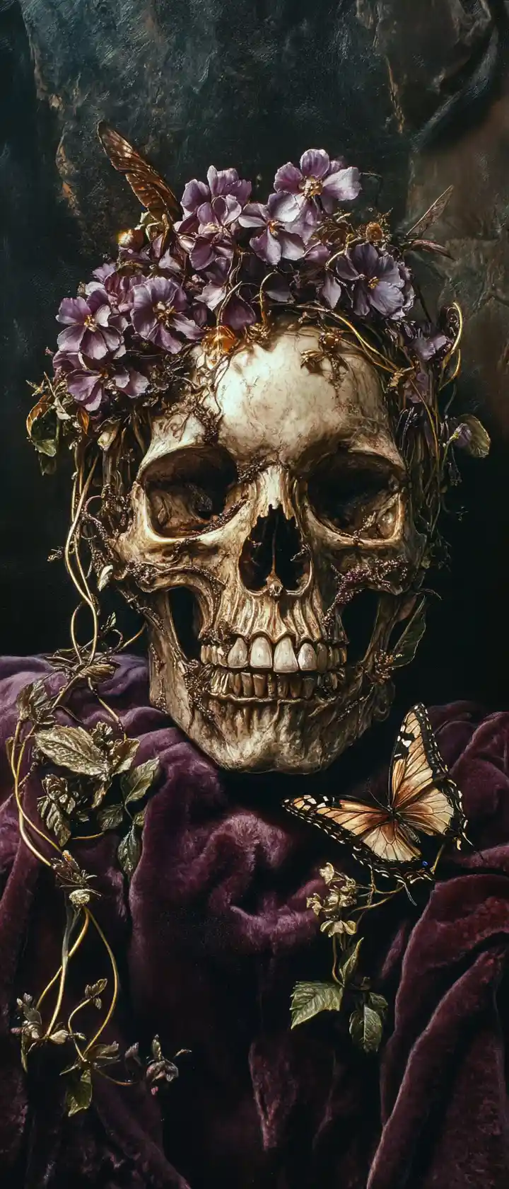 Decaying skull with wilted floral motifs on velvet cushion