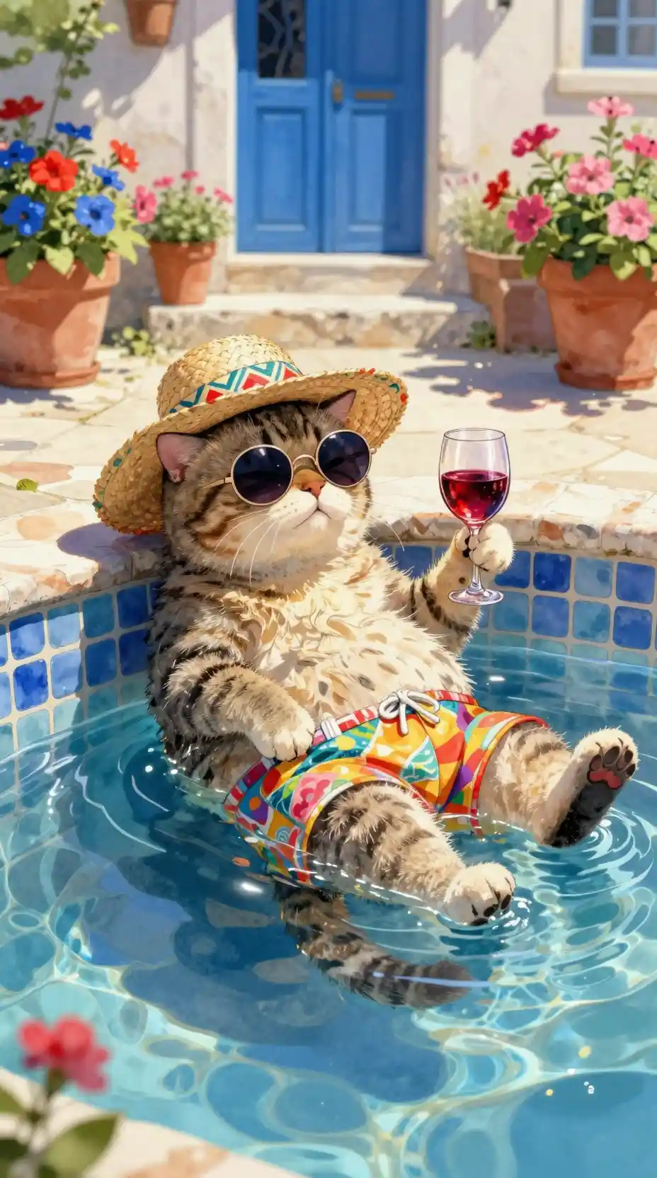 Watercolor tabby cat relaxing by a sunny courtyard pool