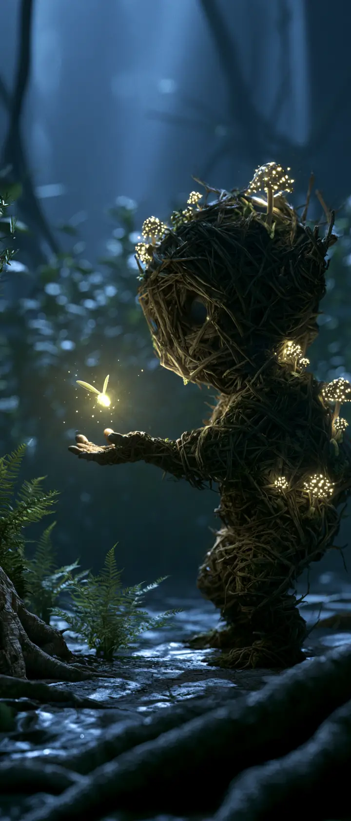 Tiny forest spirit guiding a lone firefly through darkness