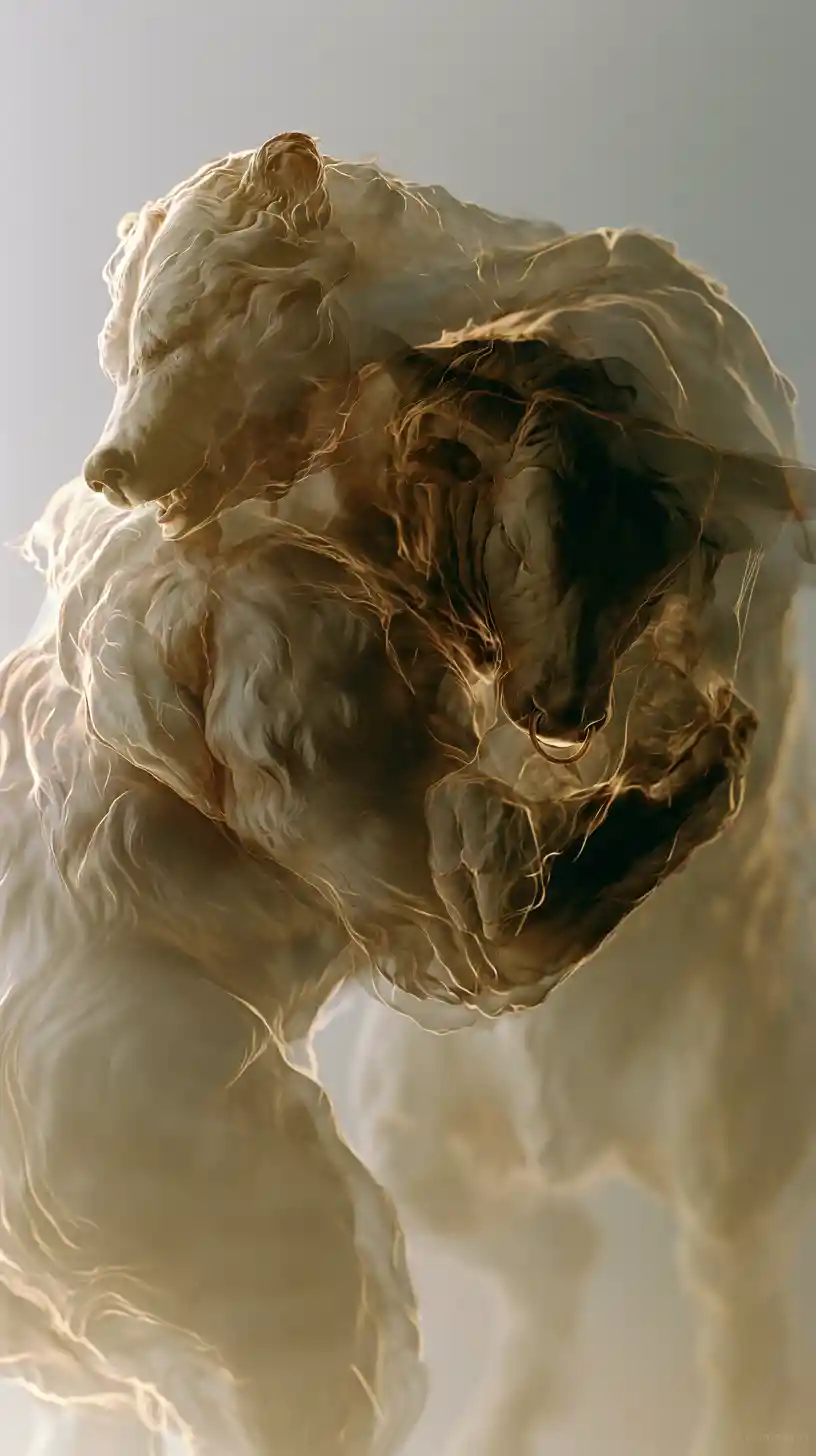 Anthropomorphic bear and bull entwined in double exposure