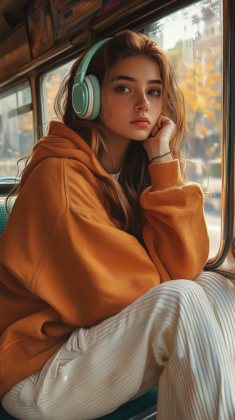 Thoughtful girl on an old city bus at golden hour