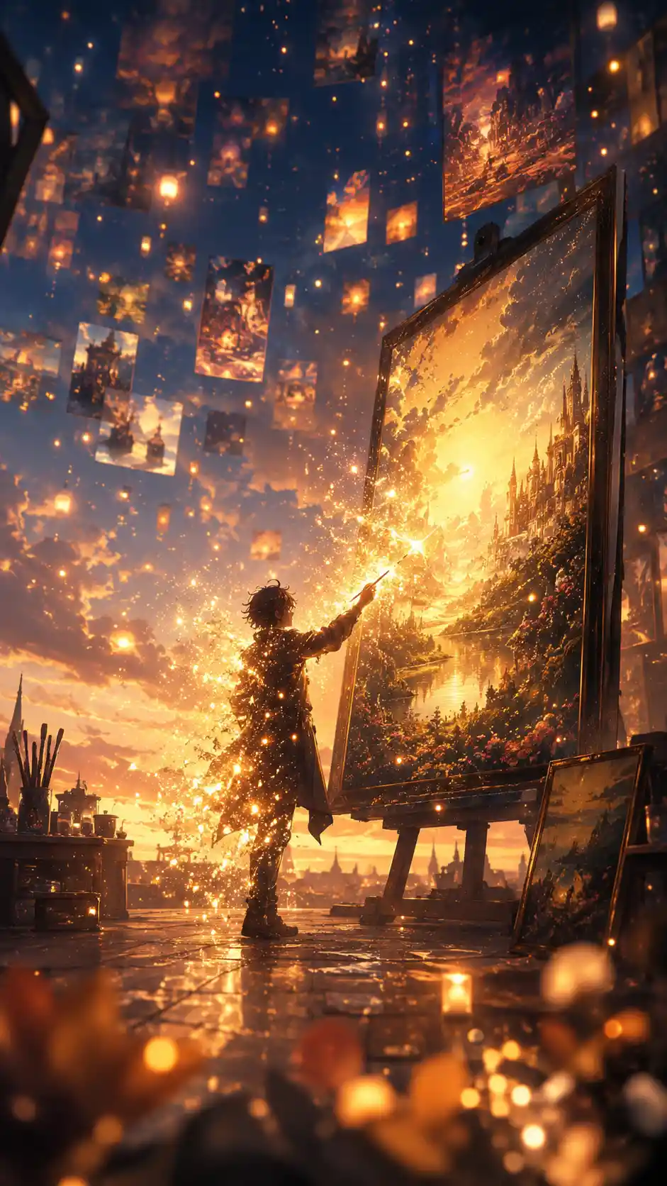 Artist silhouette dissolving into glowing light above canvas