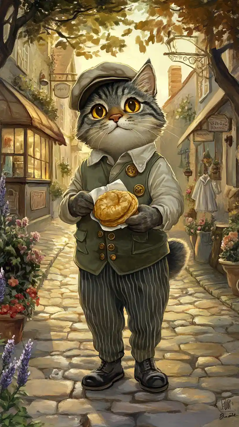 Plump Tabby Cat In Cap On Sunlit Village Lane