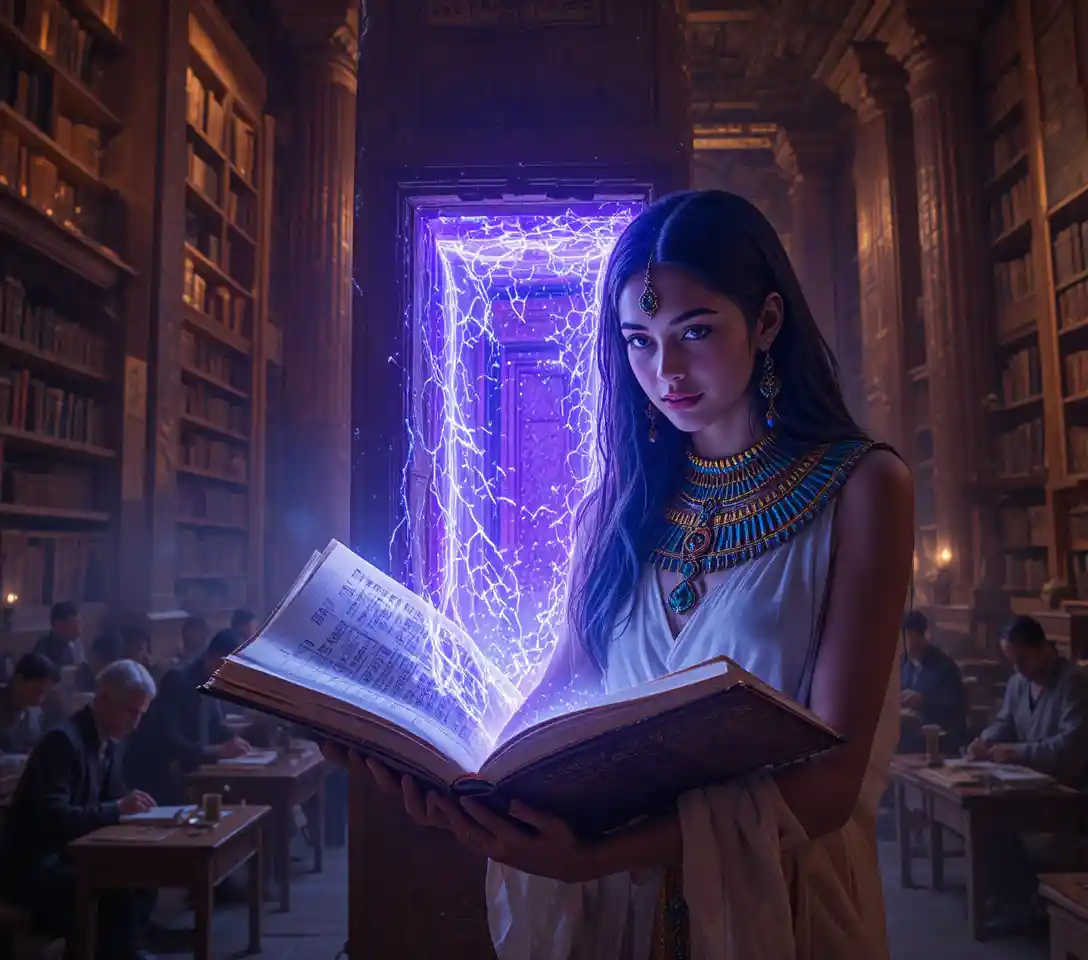 Egyptian sorceress opens a glowing portal in ancient library