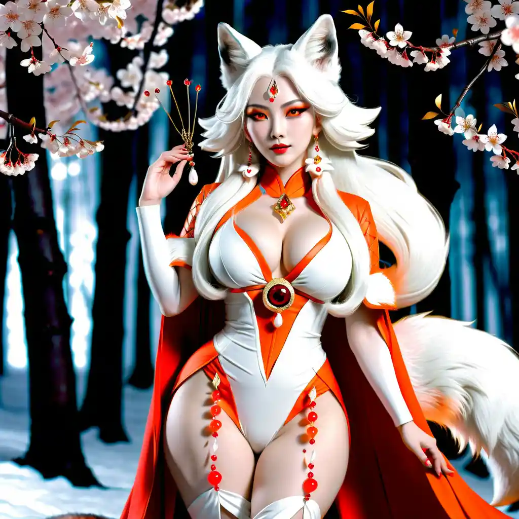 Alluring white haired fox spirit woman in frozen forest