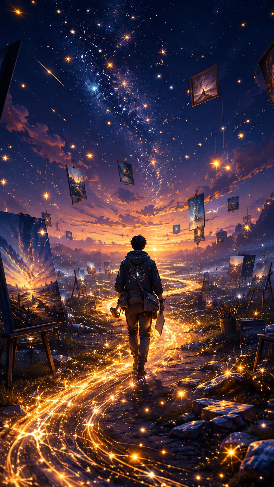 Lone digital artist walking into a starlit fantasy horizon