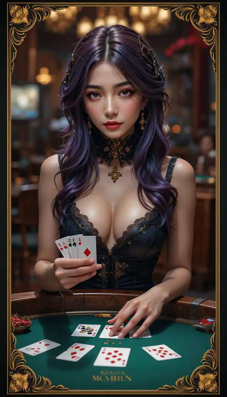 Purple haired casino dealer girl dealing blackjack cards