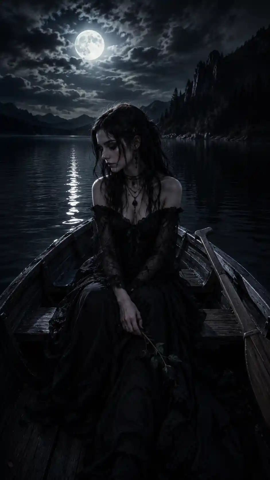 Melancholic goth woman alone in a rowboat on moonlit lake