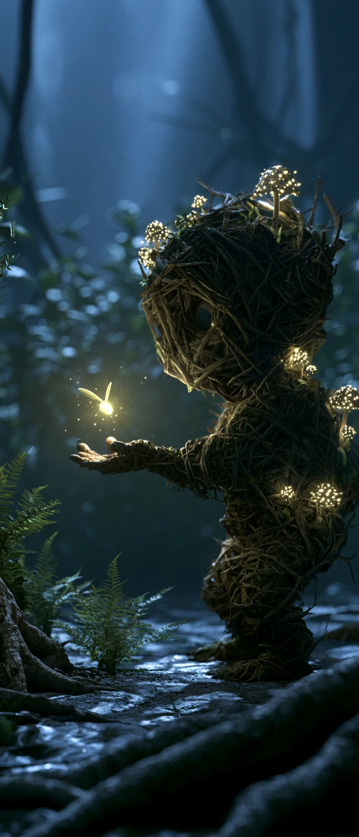 Tiny forest spirit guiding a lone firefly through darkness