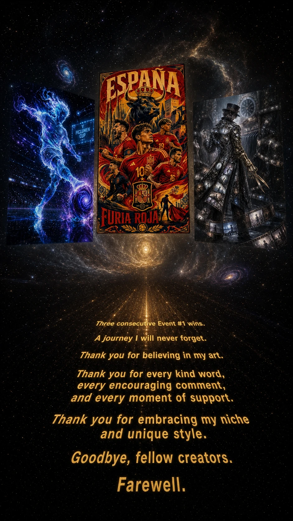 Golden farewell text drifting into a starry space