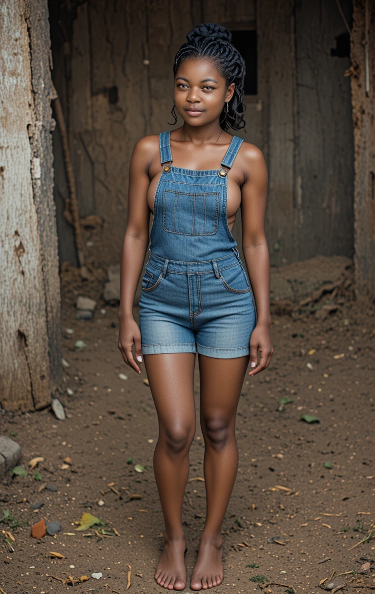 Slim woman in denim dungarees on a quiet farmyard