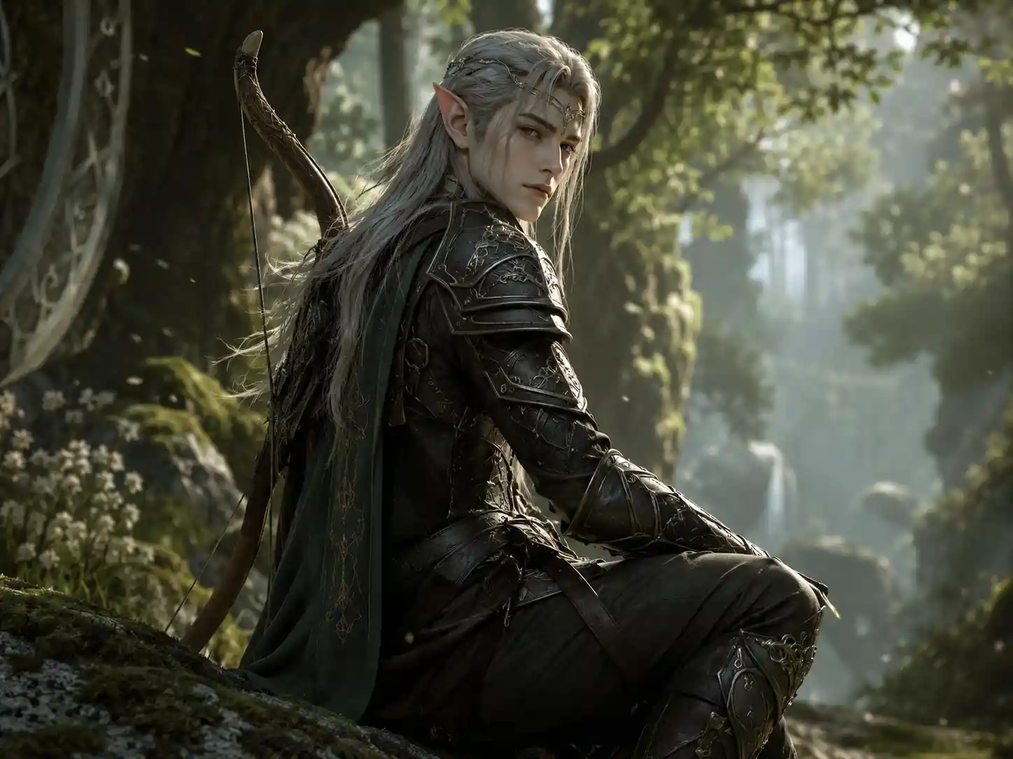 Elegant forest elf warrior in detailed leather armor