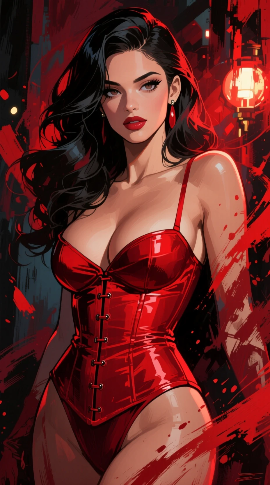 Close up latina woman in red corset anime illustration