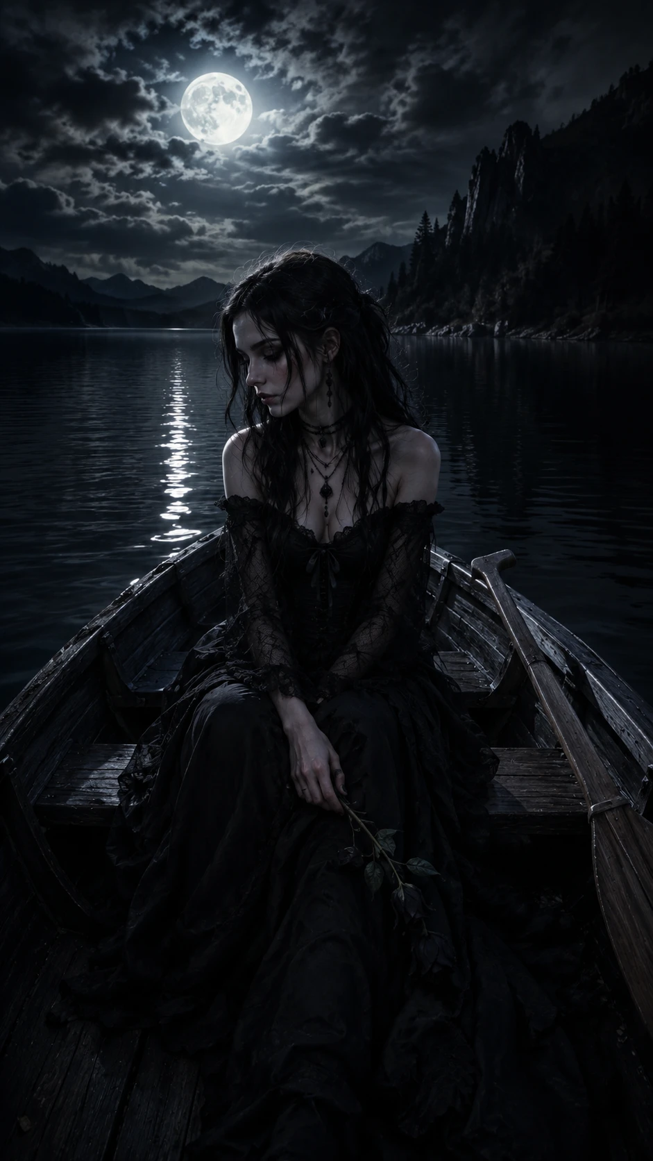 Melancholic goth woman alone in a rowboat on moonlit lake