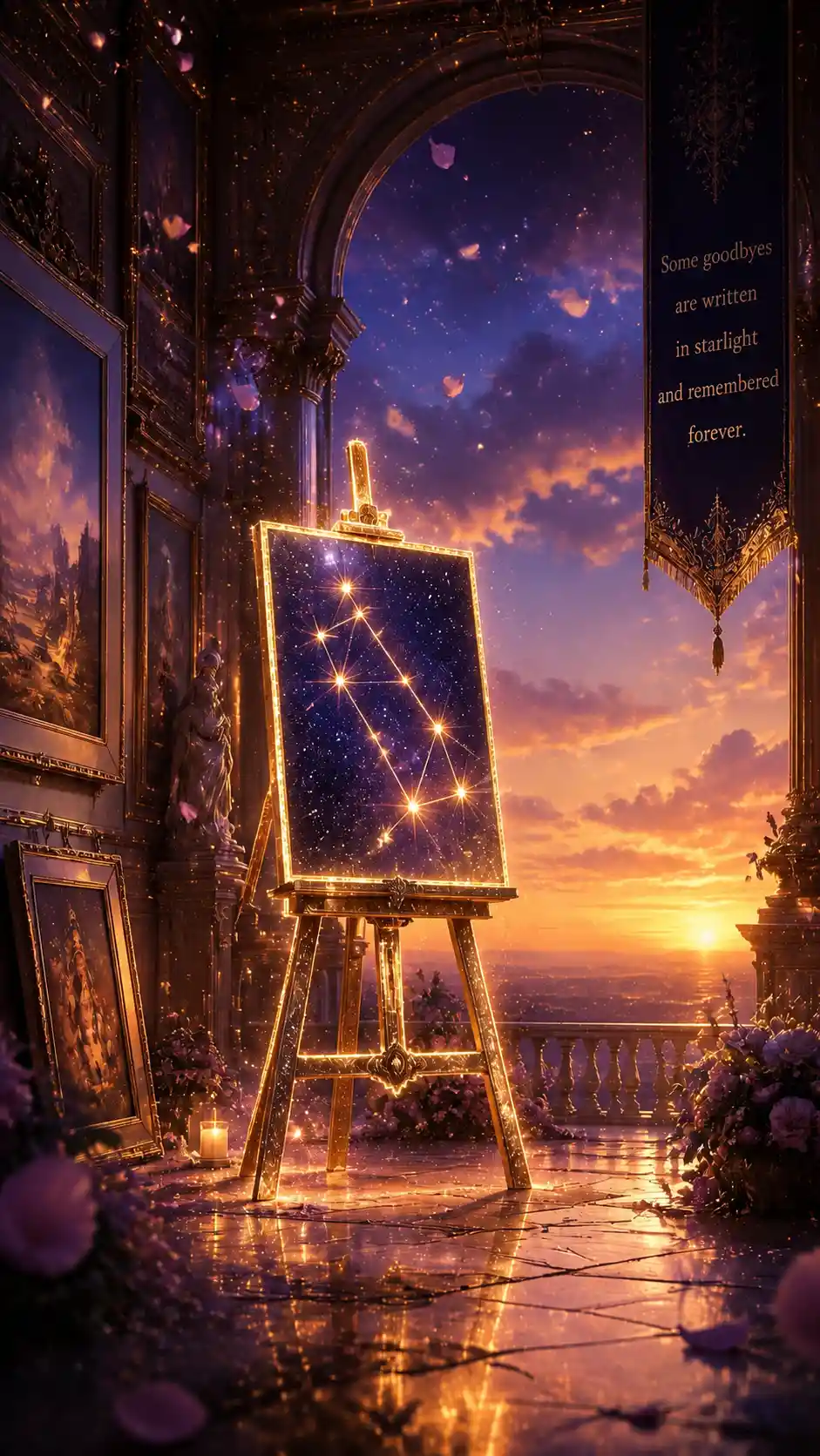 Glowing easel in a twilight gallery filled with stardust