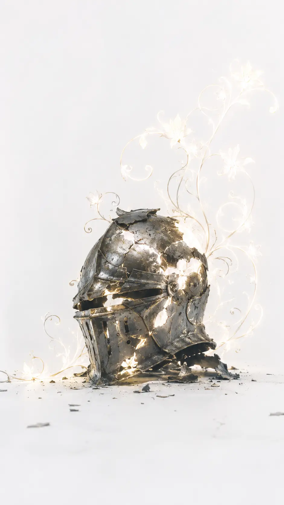 Broken knight helmet glowing with ethereal floral light