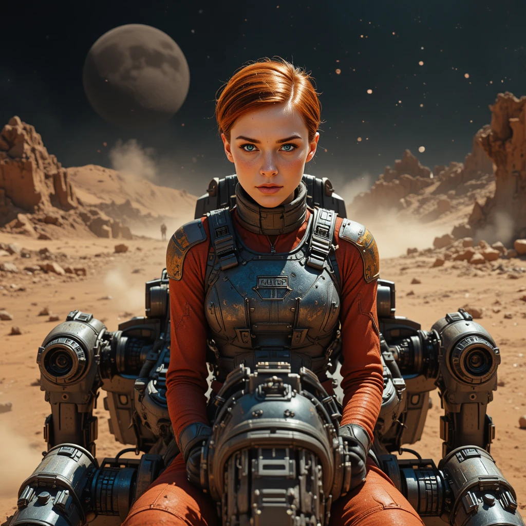 Red haired woman pilot on a combat mech on Mars